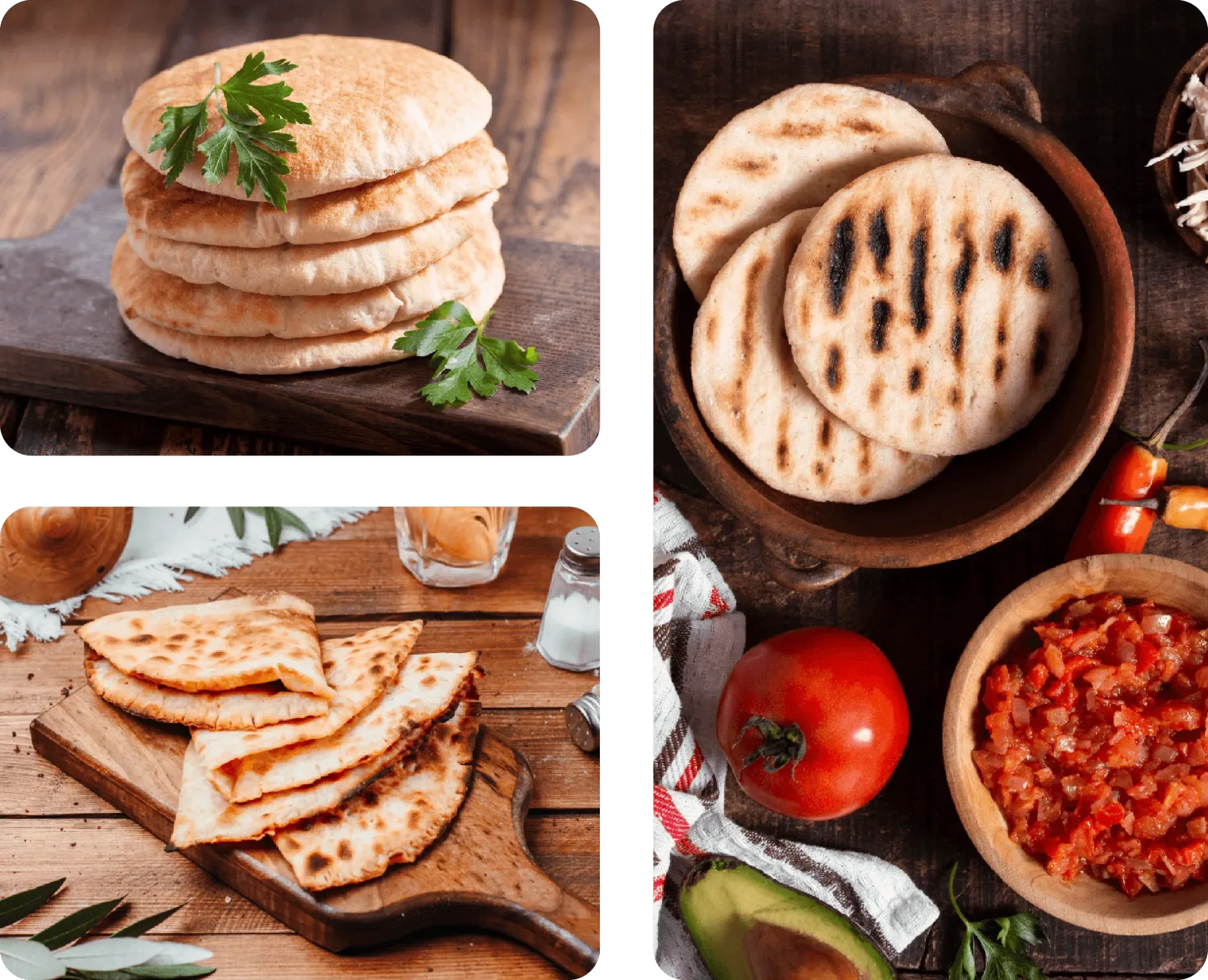 A mosaic of multiple dishes using pita bread as the first ingredient